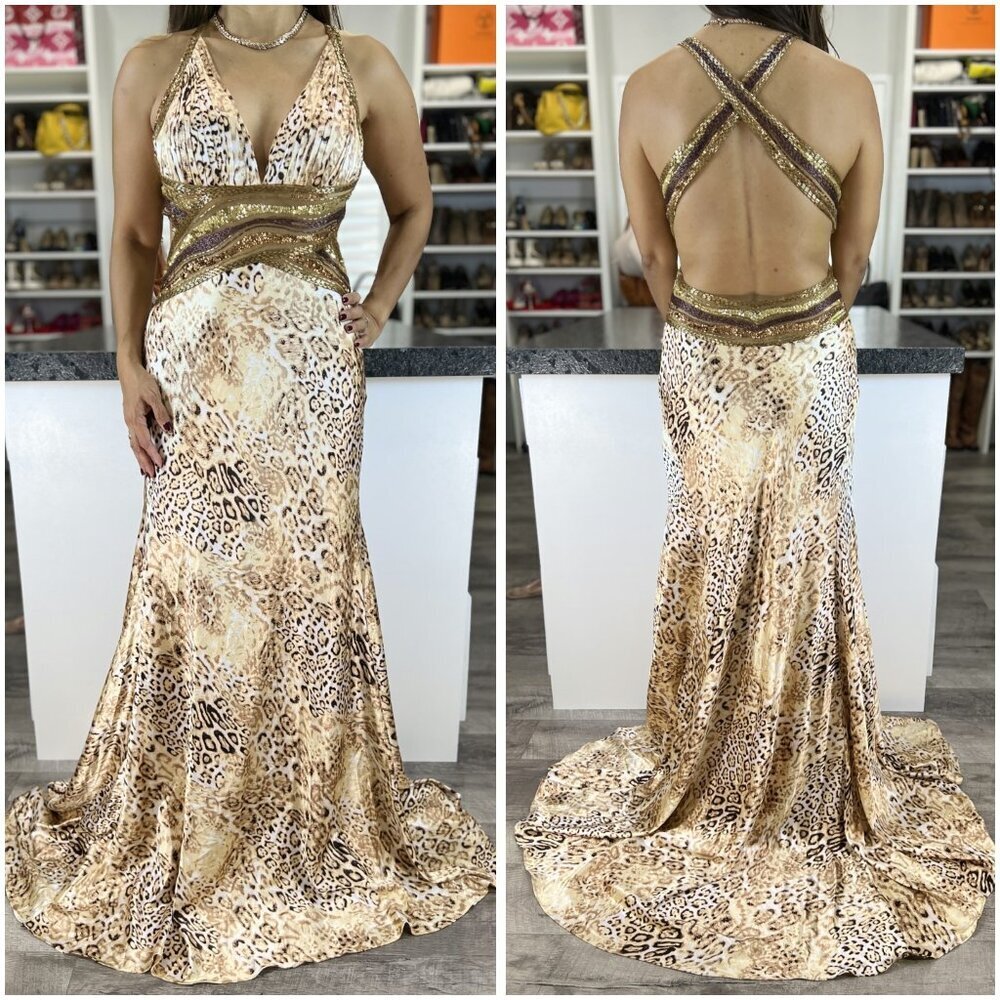 Jovani Y2K Leopard Print Cross Back Beaded Formal Gown $495 - Picture 2 of 13